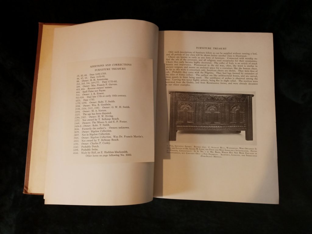 First page of Furniture Treasury, Volume 1, First Edition, by Wallace Nutting with attached addendum.